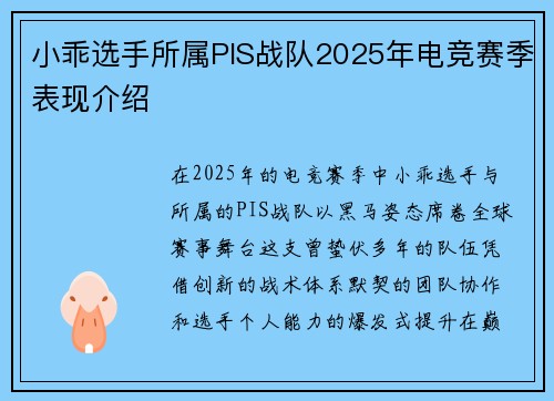 小乖选手所属PIS战队2025年电竞赛季表现介绍
